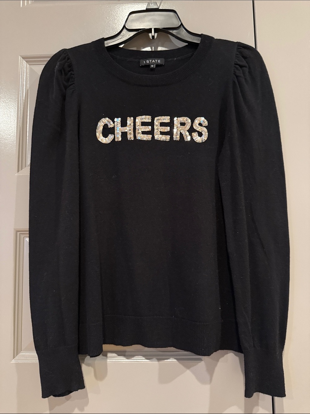 1 STATE Black Puff-Sleeve Sweater with Sequin CHEERS